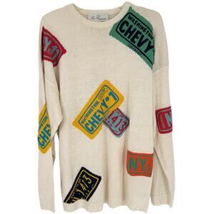 Les‎ Copains Vintage Chevy Liscence Plate Knit Crew Neck Sweater Cream Size 50